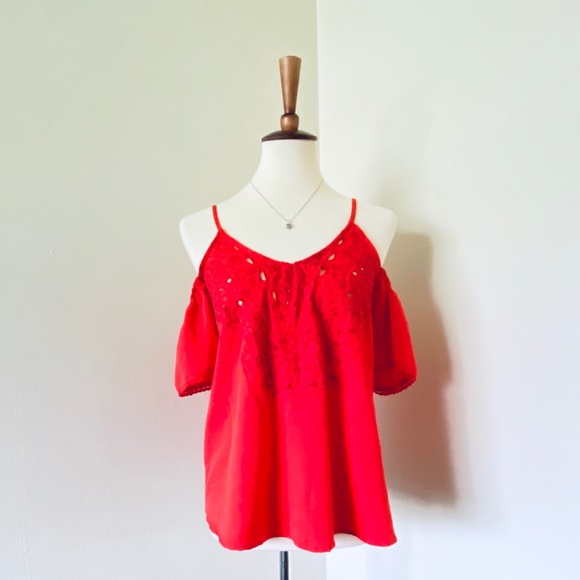 Eyeshadow Red ColdShoulder Eyelet Embroidered Tank - Picture 2 of 7